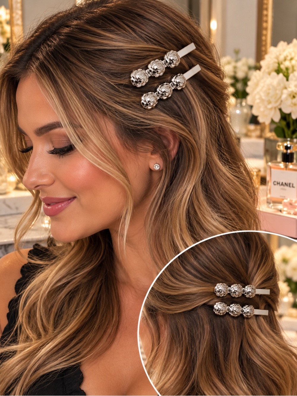 CHANEL Floral Crystal Hair Clips and Sublimage lotion